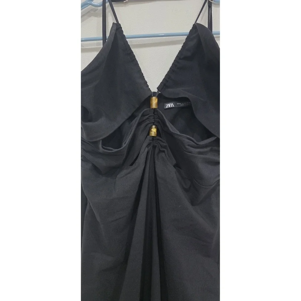 Zara Black Cutout Midi Dress Bamboo‎ Ring Halter Ruched XL